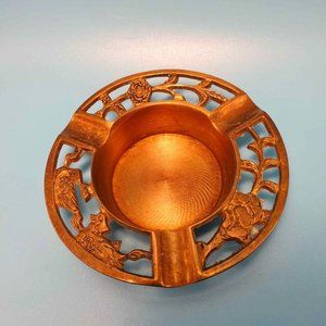 Vintage Brass Ash Tray 3.25" Diameter Round Filigree Birds Foliage Taiwan
